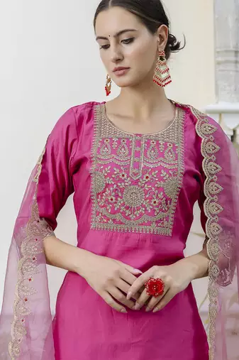 Pink color embroidered silk blend festive special suit