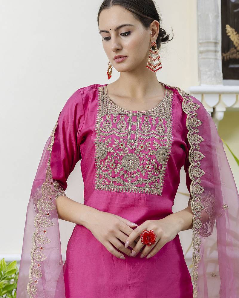 Pink color designer embroidered silk blend ethnic festive special suit
