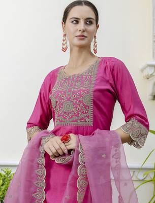 Pink color embroidered silk blend festive special suit 4
