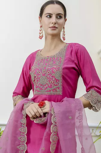 Pink color embroidered silk blend festive special suit