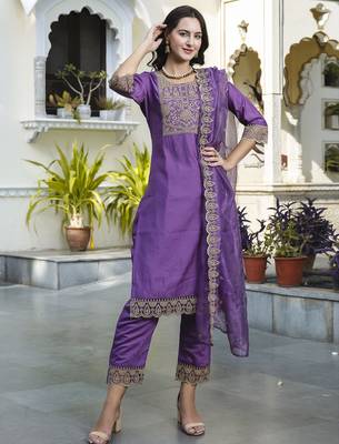 Purple color embroidered silk blend festive special suit 1