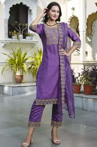 Purple color designer embroidered silk blend ethnic festive special suit
