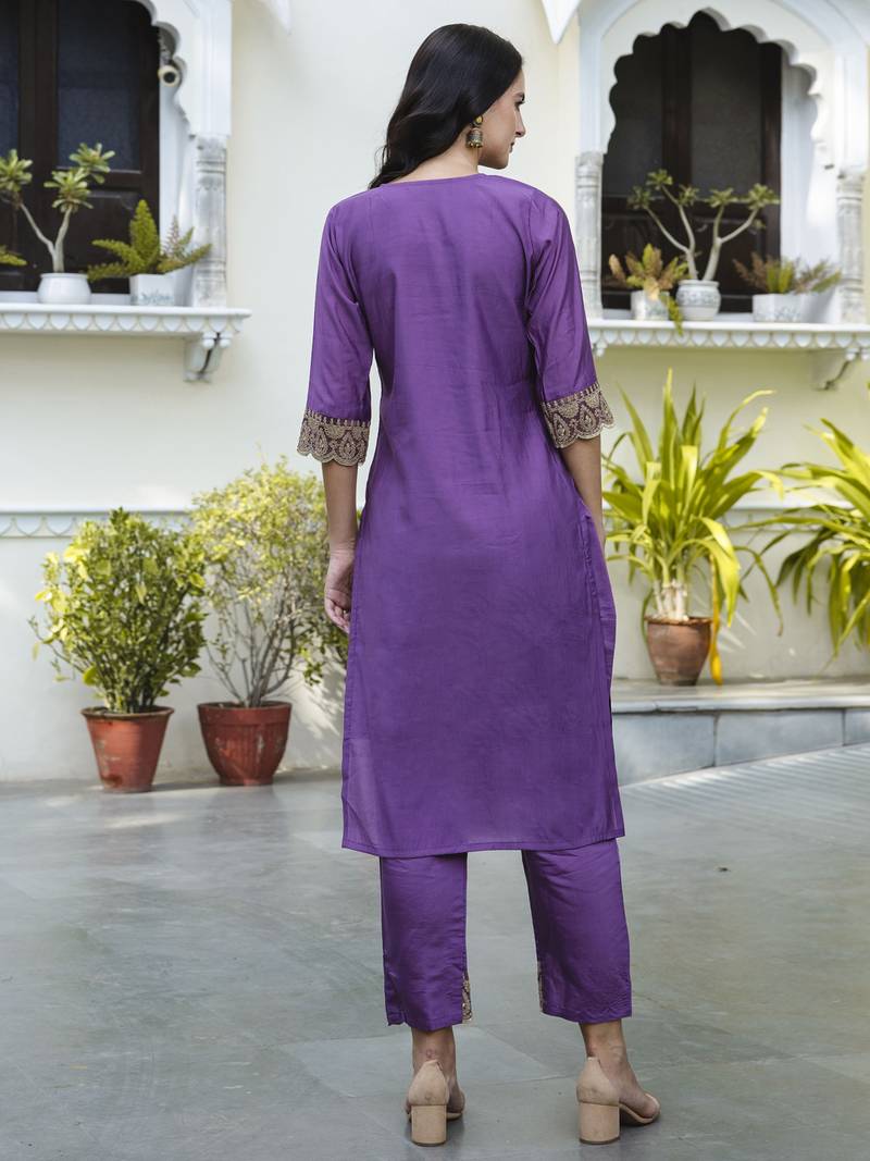 Purple color designer embroidered silk blend ethnic festive special suit