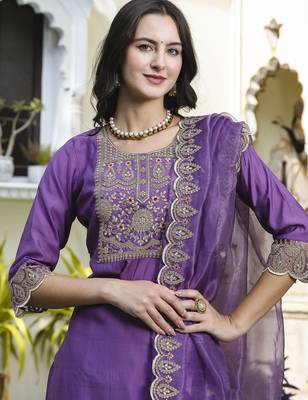 Purple color embroidered silk blend festive special suit 3