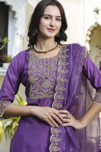 Purple color embroidered silk blend festive special suit