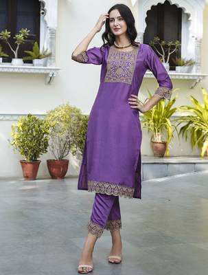 Purple color embroidered silk blend festive special suit 4