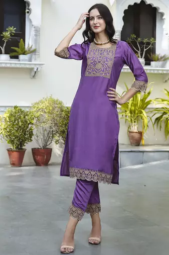 Purple color embroidered silk blend festive special suit