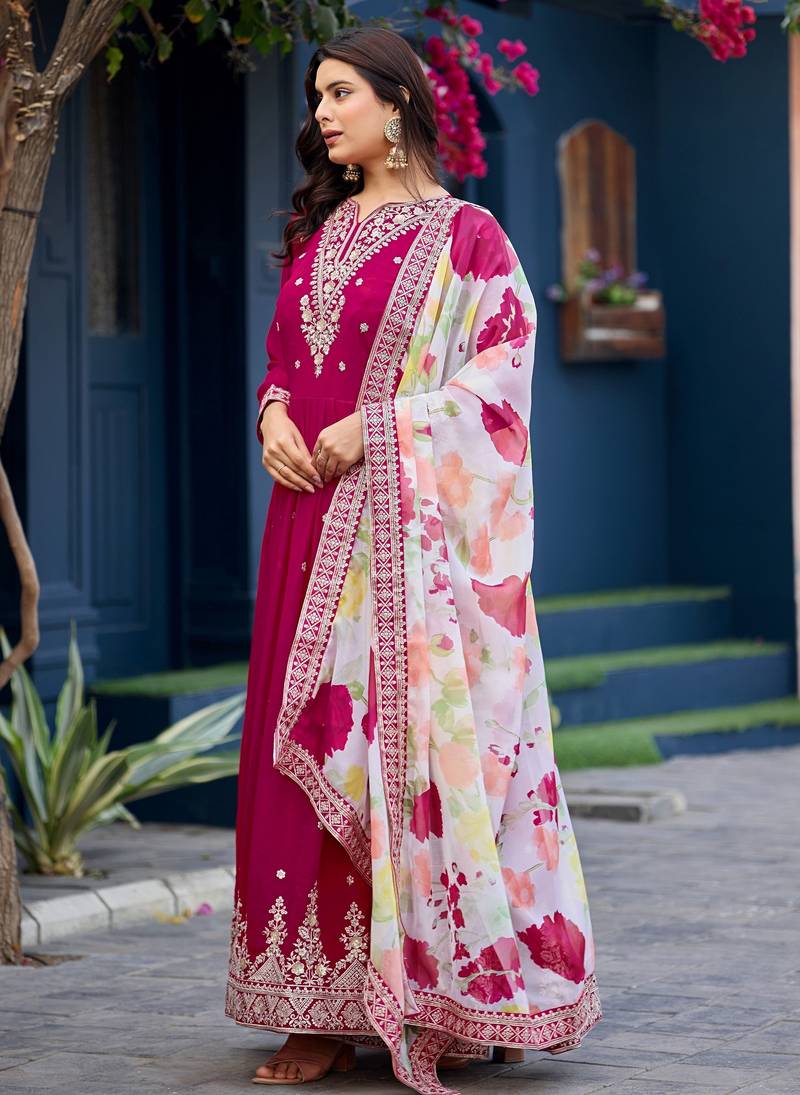 Pink color beautiful ceremonial heavy looks gown with dupatta