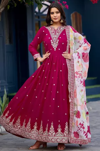 Pink color beautiful ceremonial heavy looks gown with dupatta