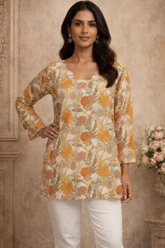 Peach color muslin fabric formal looks kurta for girls