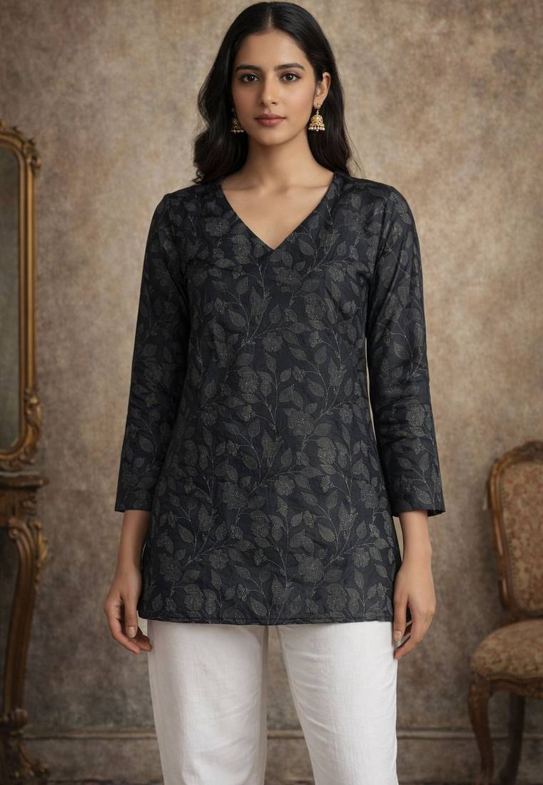 Black color muslin fabric formal looks kurta for girls