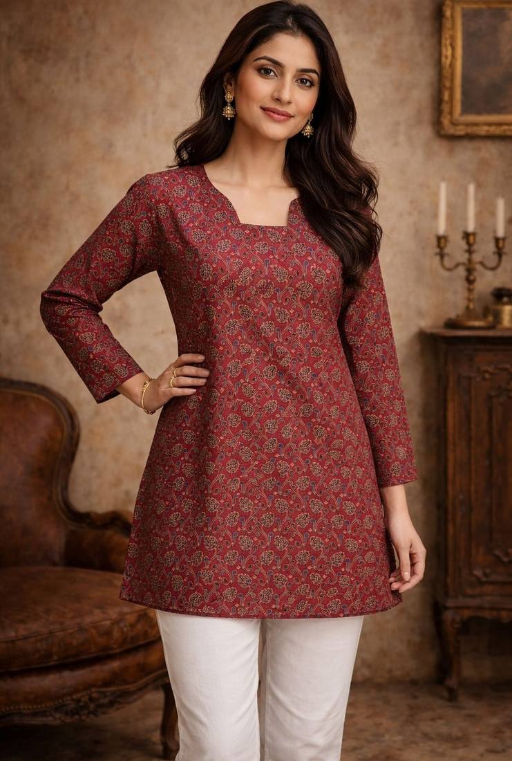 Maroon color muslin fabric formal looks kurta for girls