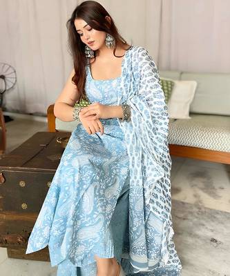  Aqua Blue Printed Sleeveless Cotton Kurta Set with Palazzo & Dupatta | Festive, Casual & Office Wear 1