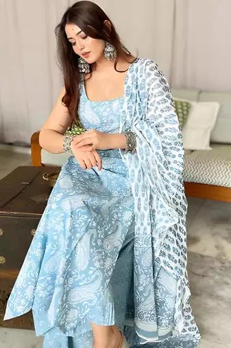 ANGAVASTRAM Women’s Aqua Blue Printed Sleeveless Cotton Kurta Set with Palazzo & Dupatta | Festive, Casual & Office Wear