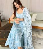 ANGAVASTRAM Women’s Aqua Blue Printed Sleeveless Cotton Kurta Set with Palazzo & Dupatta | Festive, Casual & Office Wear