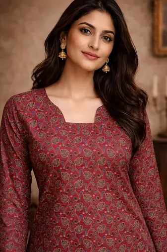 Maroon color muslin formal looks kurta for girls