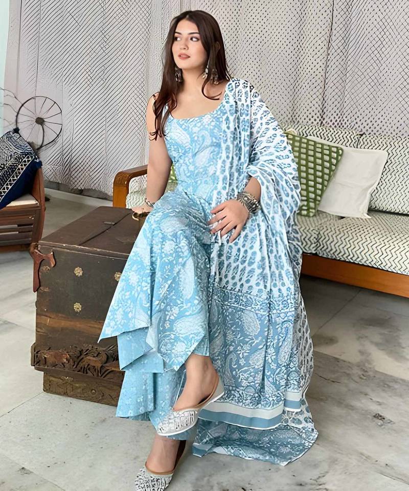 ANGAVASTRAM Women’s Aqua Blue Printed Sleeveless Cotton Kurta Set with Palazzo & Dupatta | Festive, Casual & Office Wear
