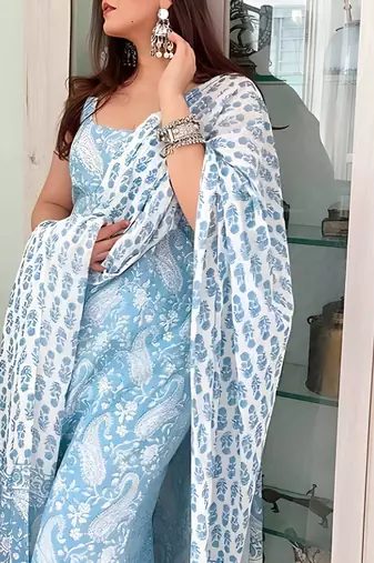  Aqua Blue Printed Sleeveless Cotton Kurta Set with Palazzo & Dupatta | Festive, Casual & Office Wear