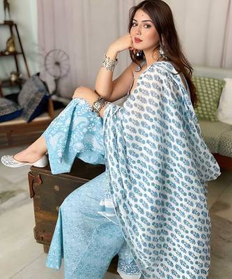  Aqua Blue Printed Sleeveless Cotton Kurta Set with Palazzo & Dupatta | Festive, Casual & Office Wear 4