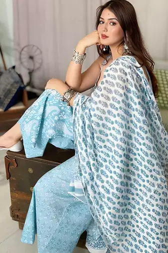  Aqua Blue Printed Sleeveless Cotton Kurta Set with Palazzo & Dupatta | Festive, Casual & Office Wear