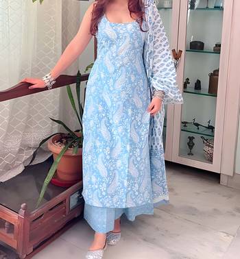  Aqua Blue Printed Sleeveless Cotton Kurta Set with Palazzo & Dupatta | Festive, Casual & Office Wear 5