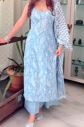  Aqua Blue Printed Sleeveless Cotton Kurta Set with Palazzo & Dupatta | Festive, Casual & Office Wear