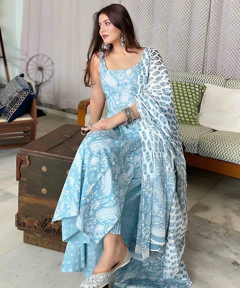 ANGAVASTRAM Women’s Aqua Blue Printed Sleeveless Cotton Kurta Set with Palazzo & Dupatta | Festive, Casual & Office Wear