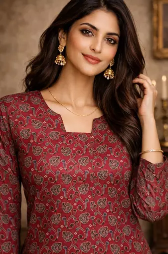 Maroon color muslin formal looks kurta for girls