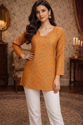 Orange color muslin fabric formal looks kurta for girls