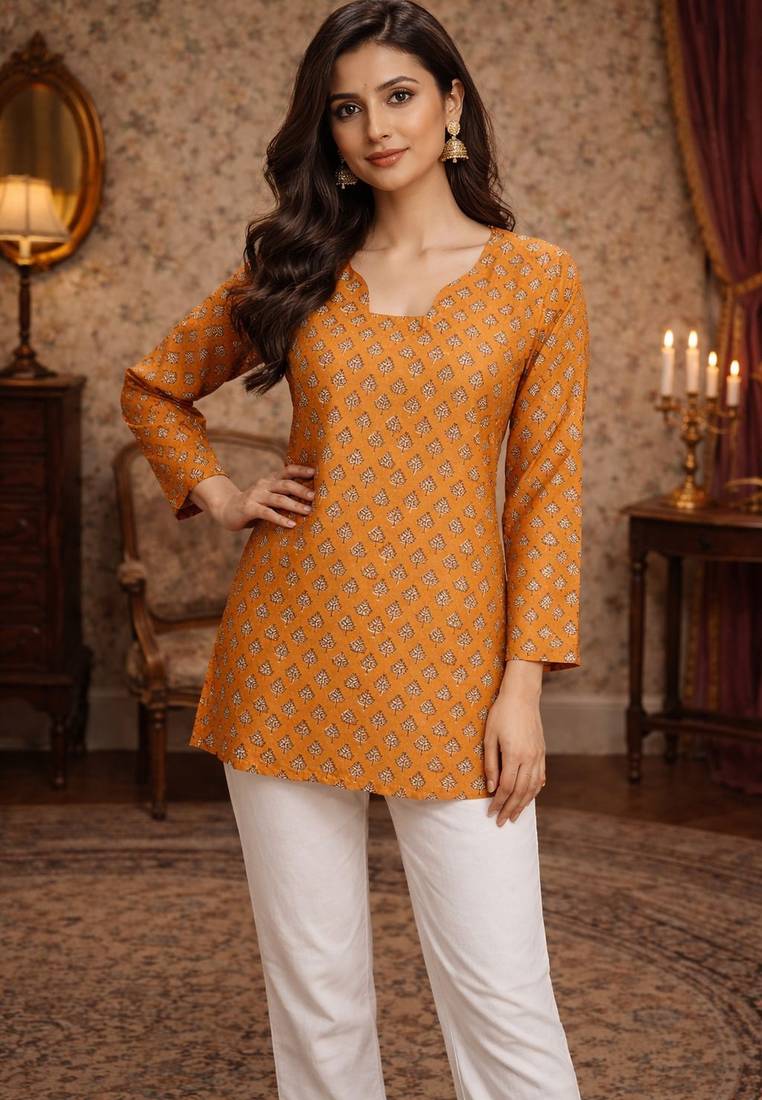 Orange color muslin fabric formal looks kurta for girls