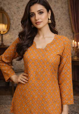 Orange color muslin formal looks kurta for girls 3
