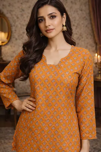 Orange color muslin formal looks kurta for girls