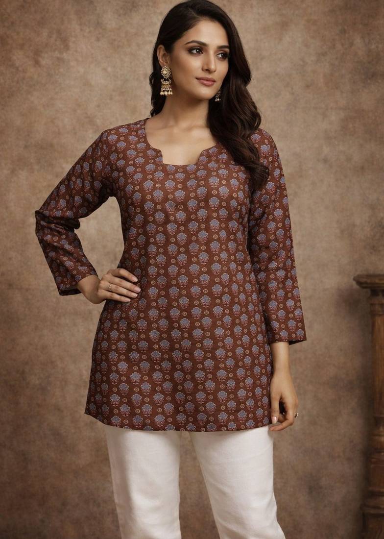 Brown color muslin fabric formal looks kurta for girls