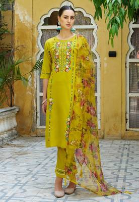 Lemon color viscose rayon smart embroidered trendy salwar suit 1