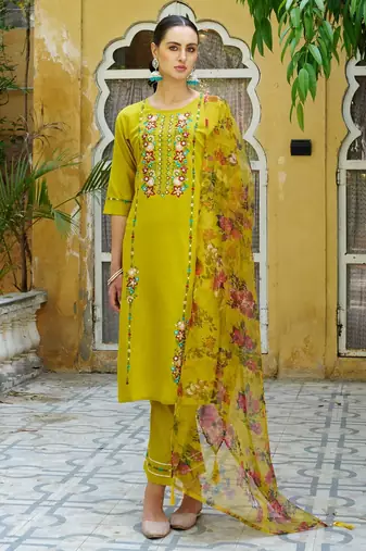 Lemon color viscose rayon fabric smart embroidered girlie trendy salwar suit