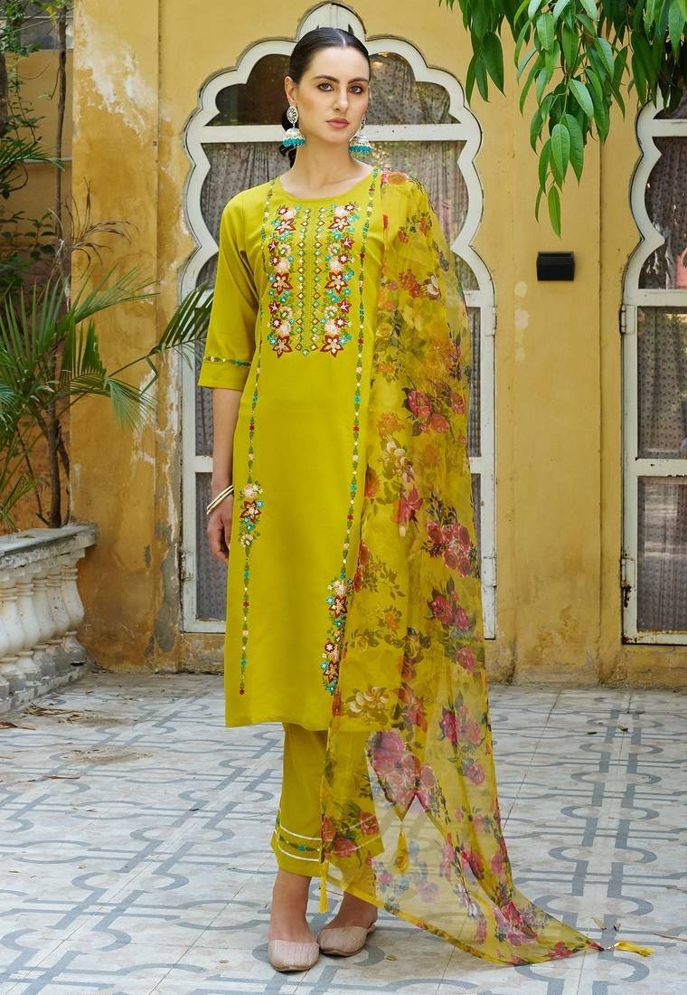 Lemon color viscose rayon fabric smart embroidered girlie trendy salwar suit