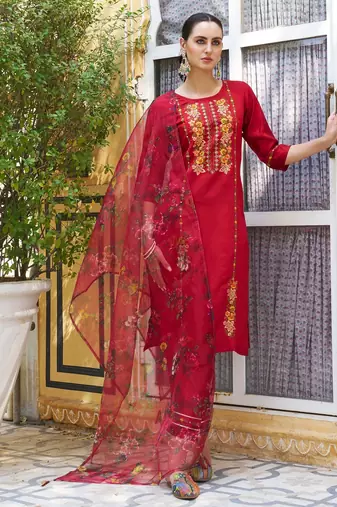 Maroon color viscose rayon fabric smart embroidered girlie trendy salwar suit