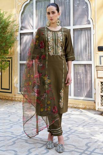 Mahendi color viscose rayon fabric smart embroidered girlie trendy salwar suit
