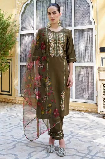 Mahendi color viscose rayon fabric smart embroidered girlie trendy salwar suit