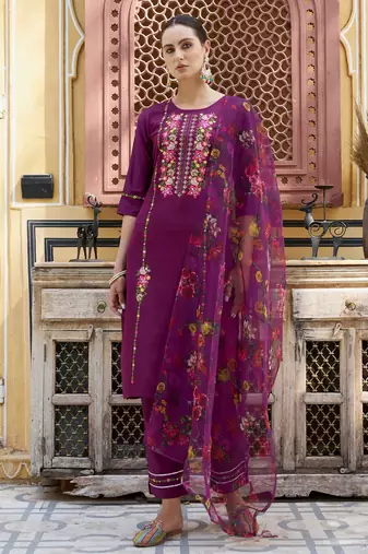 Purple color viscose rayon fabric smart embroidered girlie trendy salwar suit