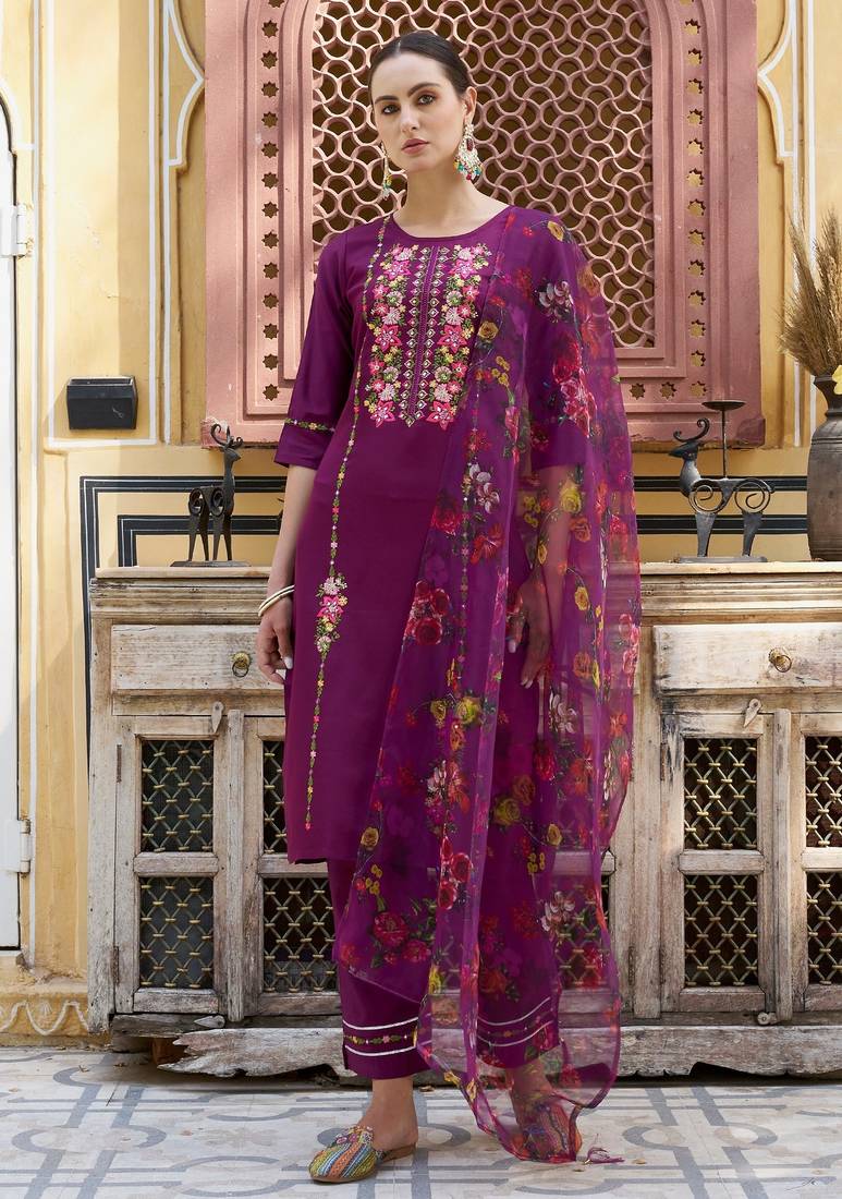 Purple color viscose rayon fabric smart embroidered girlie trendy salwar suit