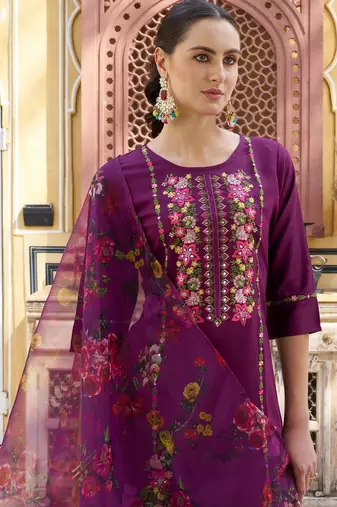 Purple color viscose rayon smart embroidered trendy salwar suit