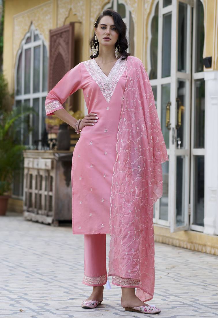Pink color silk blend fabric smart embroidered girlie trendy salwar suit