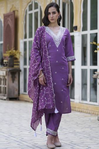 Purple color silk blend fabric smart embroidered girlie trendy salwar suit