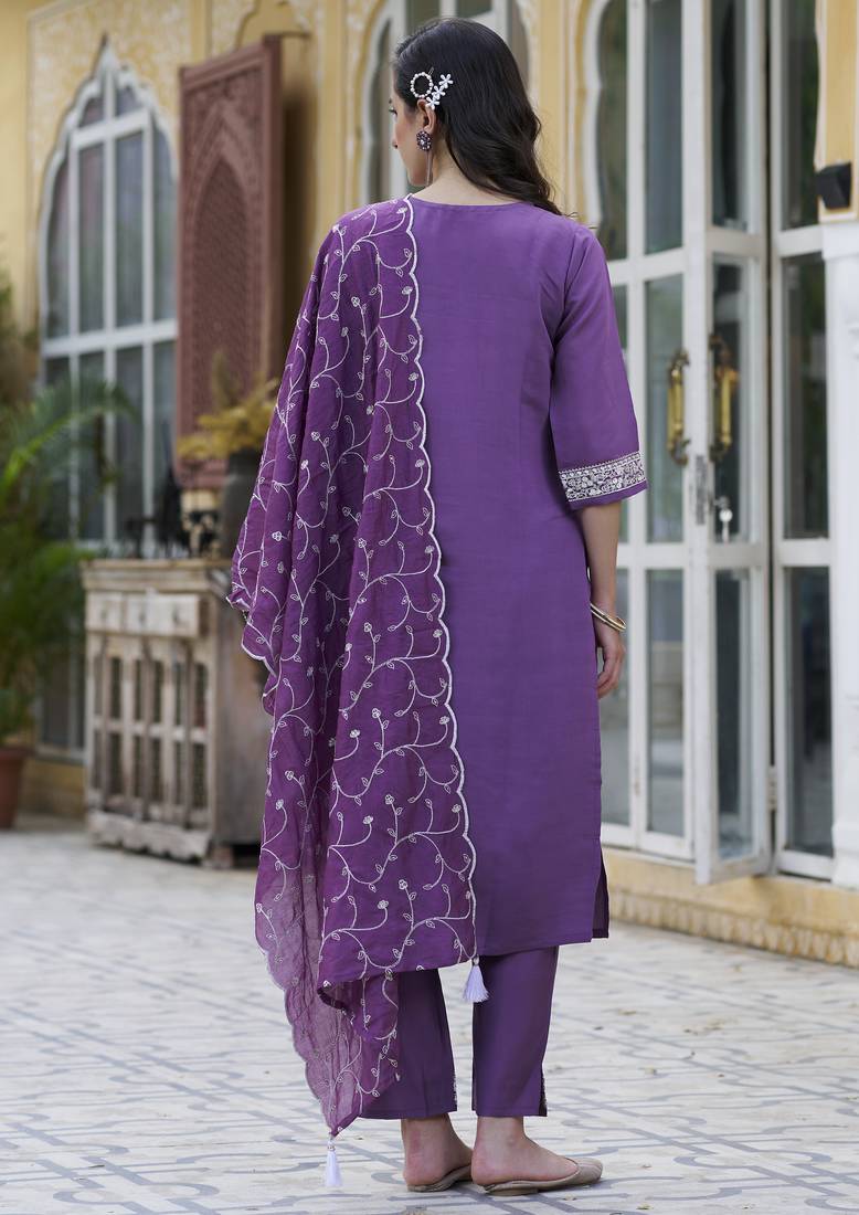 Purple color silk blend fabric smart embroidered girlie trendy salwar suit