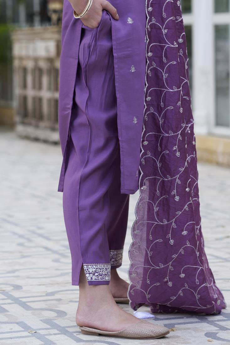 Purple color silk blend fabric smart embroidered girlie trendy salwar suit
