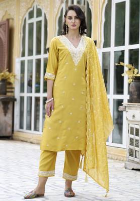 Yellow color silk blend smart embroidered trendy salwar suit 1
