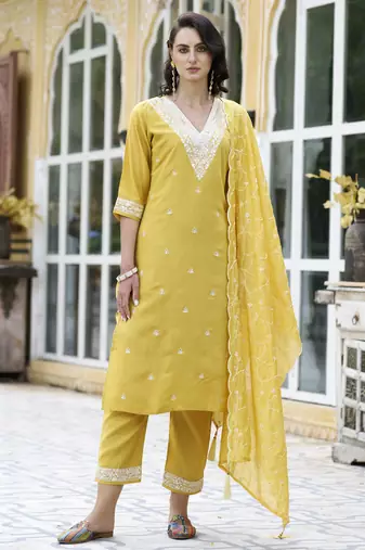 Yellow color silk blend fabric smart embroidered girlie trendy salwar suit