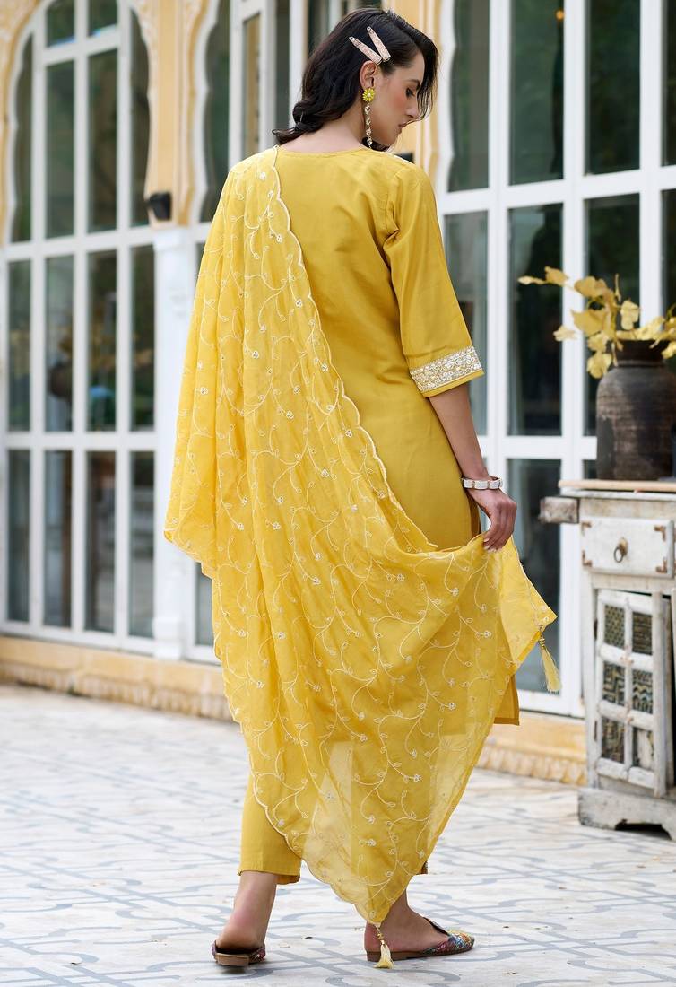 Yellow color silk blend fabric smart embroidered girlie trendy salwar suit