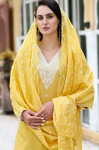 Yellow color silk blend smart embroidered trendy salwar suit